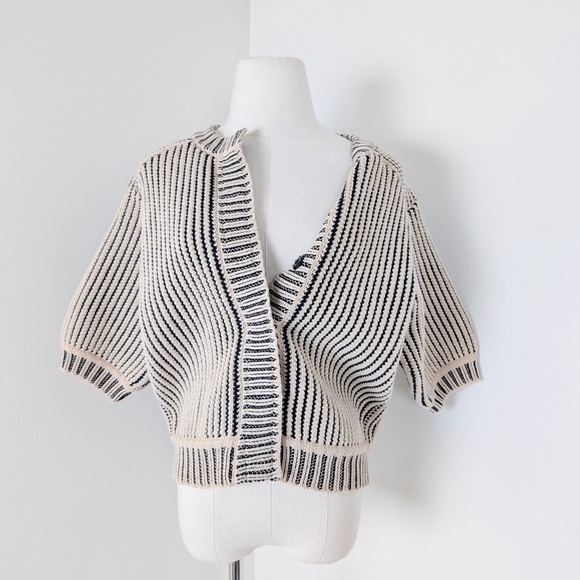 Knit Cardigan Short Sleeve Button Up Stripes Thick - Picture 8 of 11
